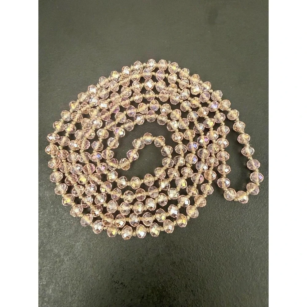 Pink Aurora Borealis Faceted Glass Bead Necklace Long Knotted Rope Flapper Style